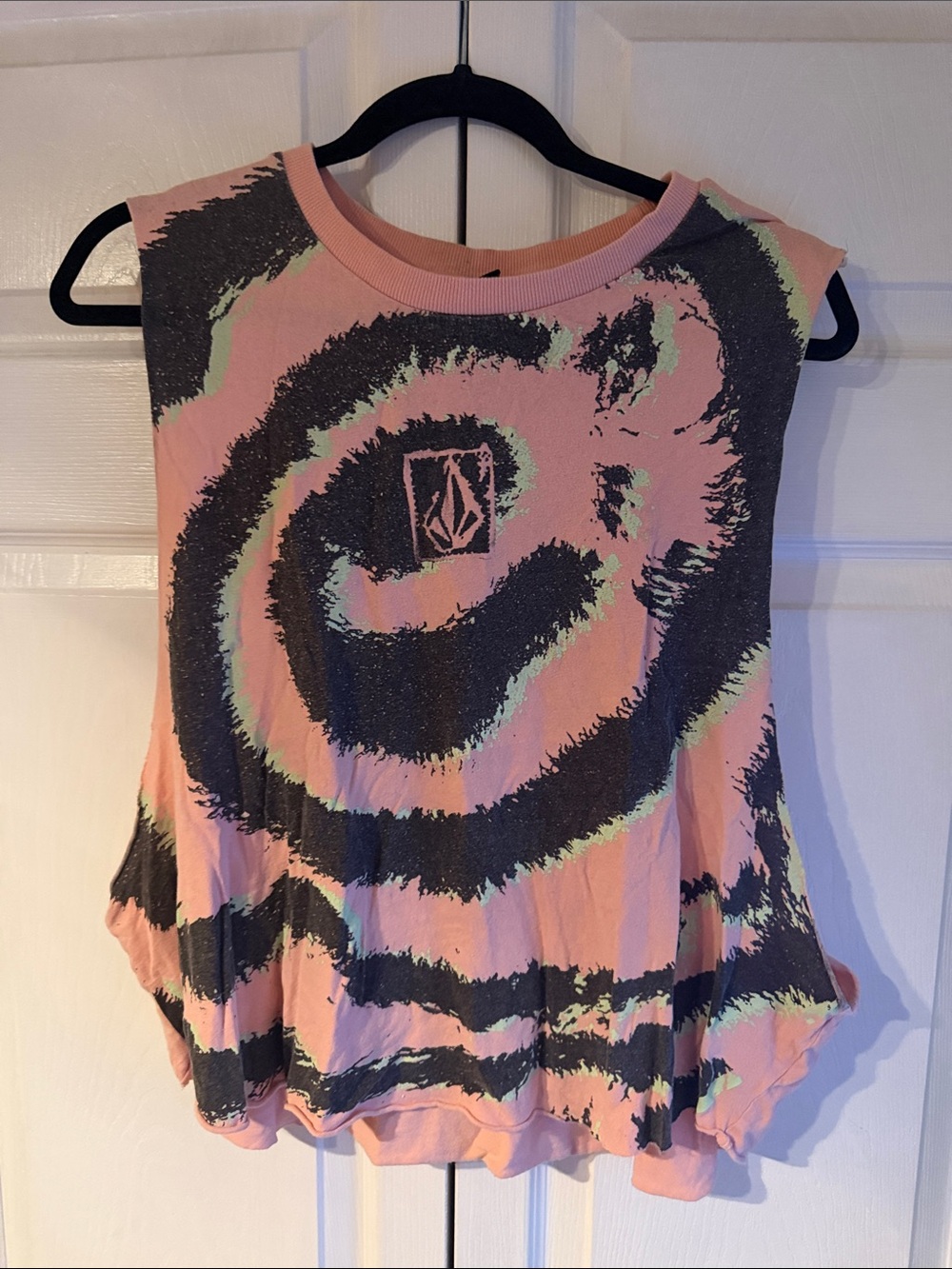 Volcom Pink Spiral Graphic Tank with Black & Pale Green Accents
